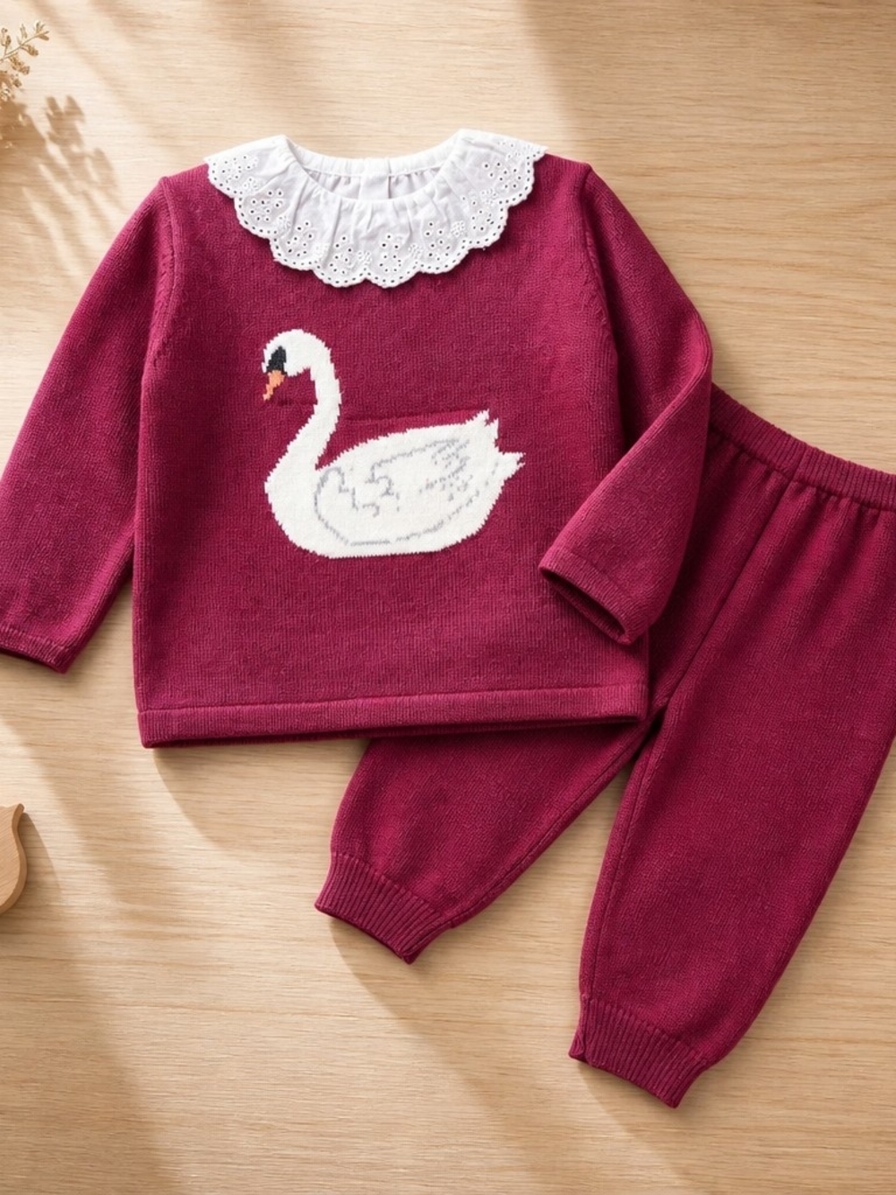 Kids Burgundy Swan Knit Set with White Collar